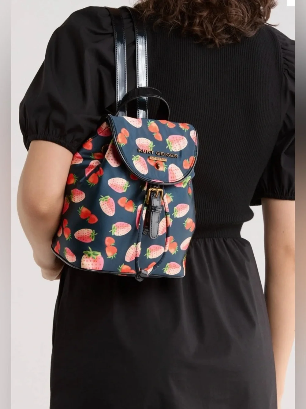 NWT Kurt Geiger Portibello Navy Backpack with Pink Strawberry Print Top Handle
